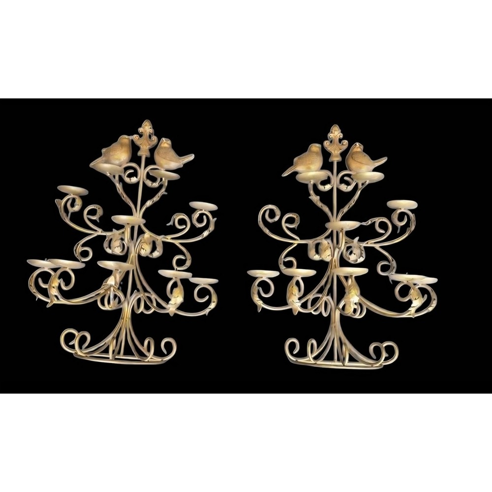 Pair VTG Gold Bird Candelabras 9 Light Metal Fleur De Lis Candle Holders MCM